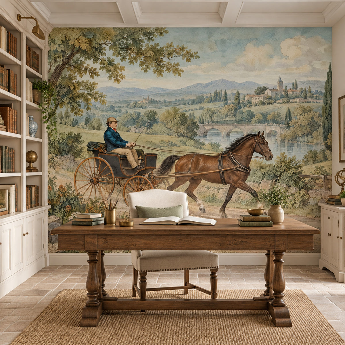 Horse Drawn Carriage Landscape Wallpaper Mural Muted Green Vintage Inspired