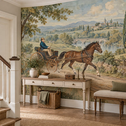 Horse Drawn Carriage Landscape Wallpaper Mural Muted Green Vintage Inspired