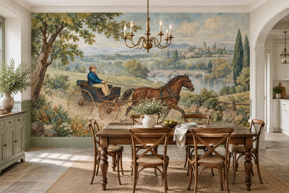 Horse Drawn Carriage Landscape Wallpaper Mural Muted Green Vintage Inspired