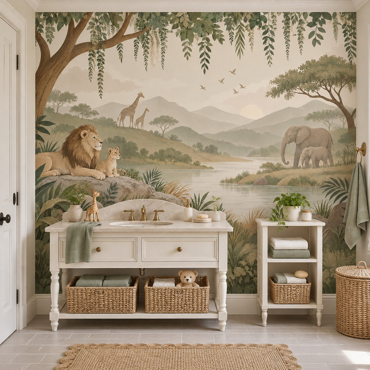 Safari Animals Wallpaper Mural Muted Green Watercolor Landscape