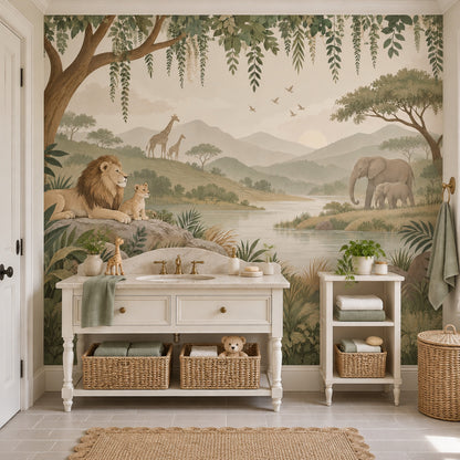 Safari Animals Wallpaper Mural Muted Green Watercolor Landscape