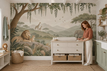 Safari Animals Wallpaper Mural Muted Green Watercolor Landscape