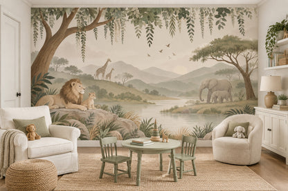 Safari Animals Wallpaper Mural Muted Green Watercolor Landscape
