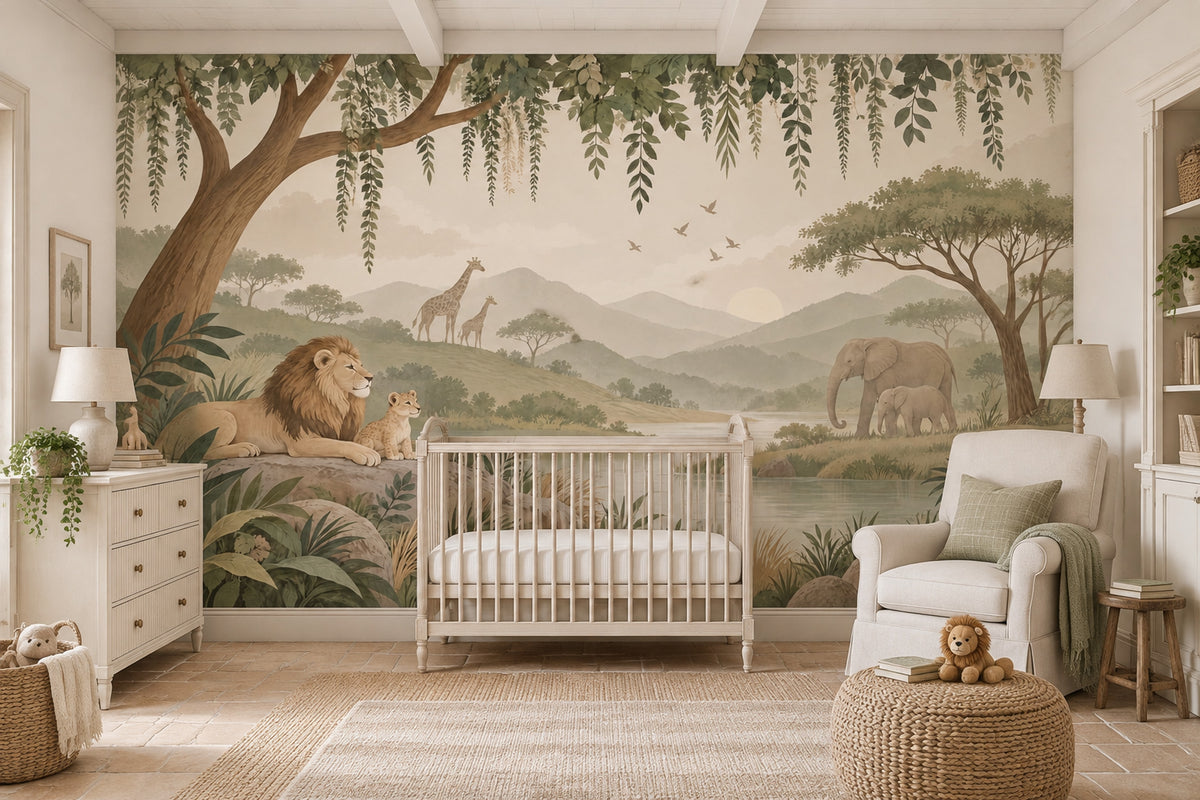 Safari Animals Wallpaper Mural Muted Green Watercolor Landscape