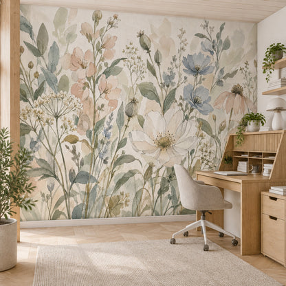 Pastel Wildflowers Wallpaper Mural Watercolor Botanical On Cream