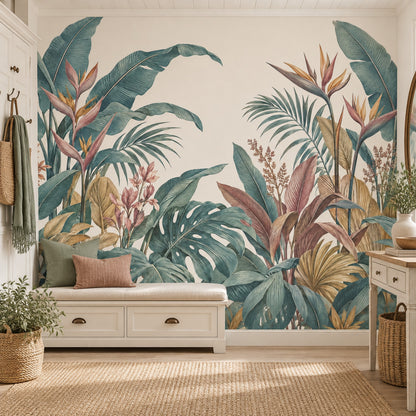 Monstera And Palm Leaves Wallpaper Mural, Cream Vintage Inspired Botanical
