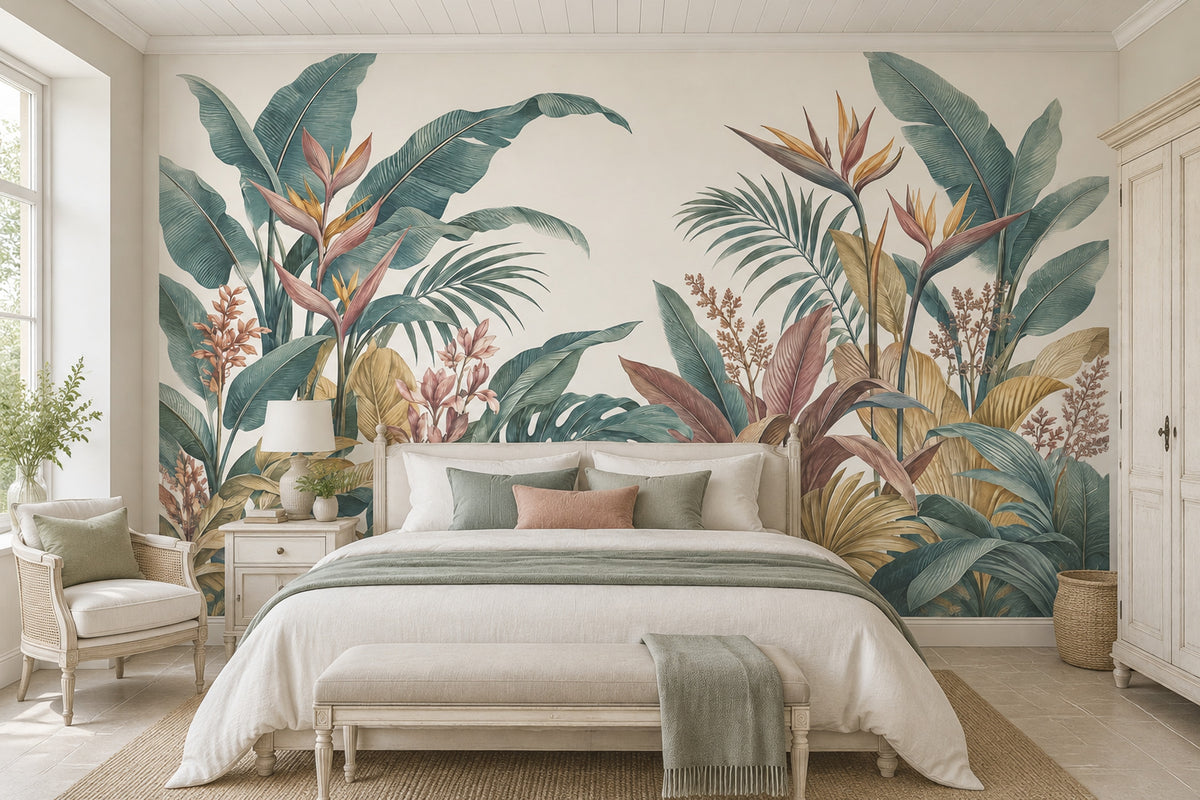 Monstera And Palm Leaves Wallpaper Mural, Cream Vintage Inspired Botanical