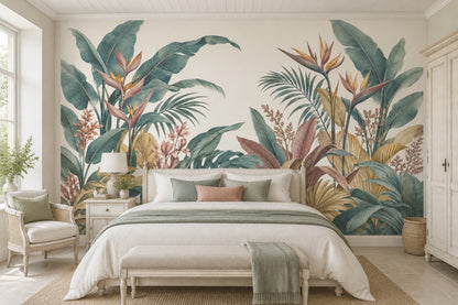 Monstera And Palm Leaves Wallpaper Mural, Cream Vintage Inspired Botanical