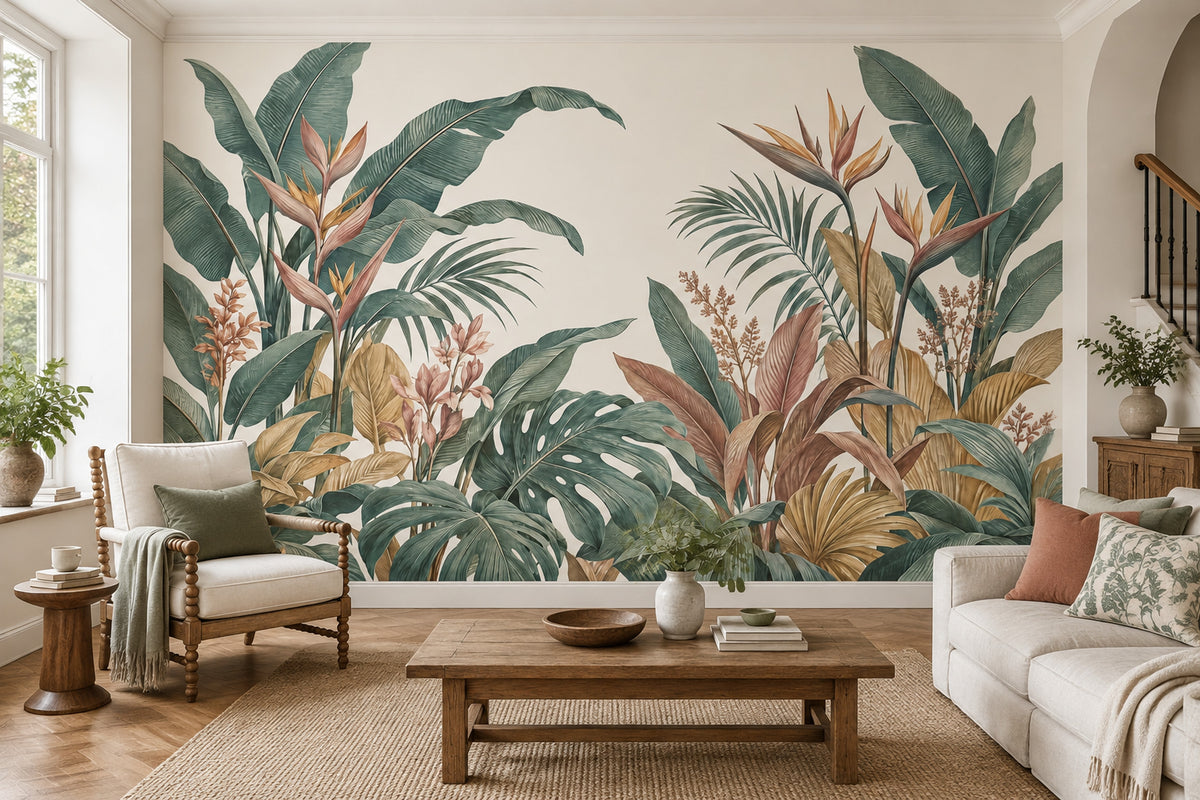 Monstera And Palm Leaves Wallpaper Mural, Cream Vintage Inspired Botanical
