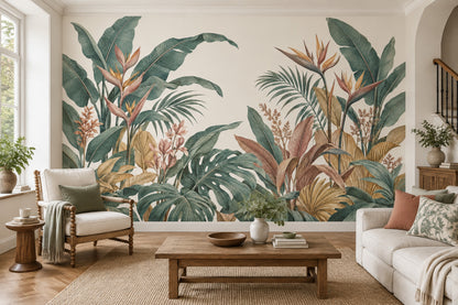 Monstera And Palm Leaves Wallpaper Mural, Cream Vintage Inspired Botanical