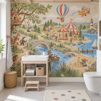 Woodland Animal Adventure Wallpaper Mural Pastel Storybook Panorama
