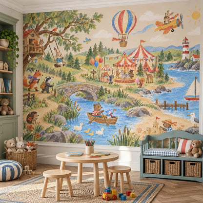 Woodland Animal Adventure Wallpaper Mural Pastel Storybook Panorama