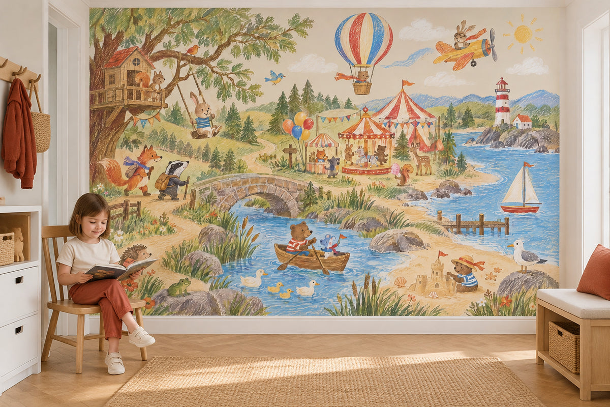 Woodland Animal Adventure Wallpaper Mural Pastel Storybook Panorama