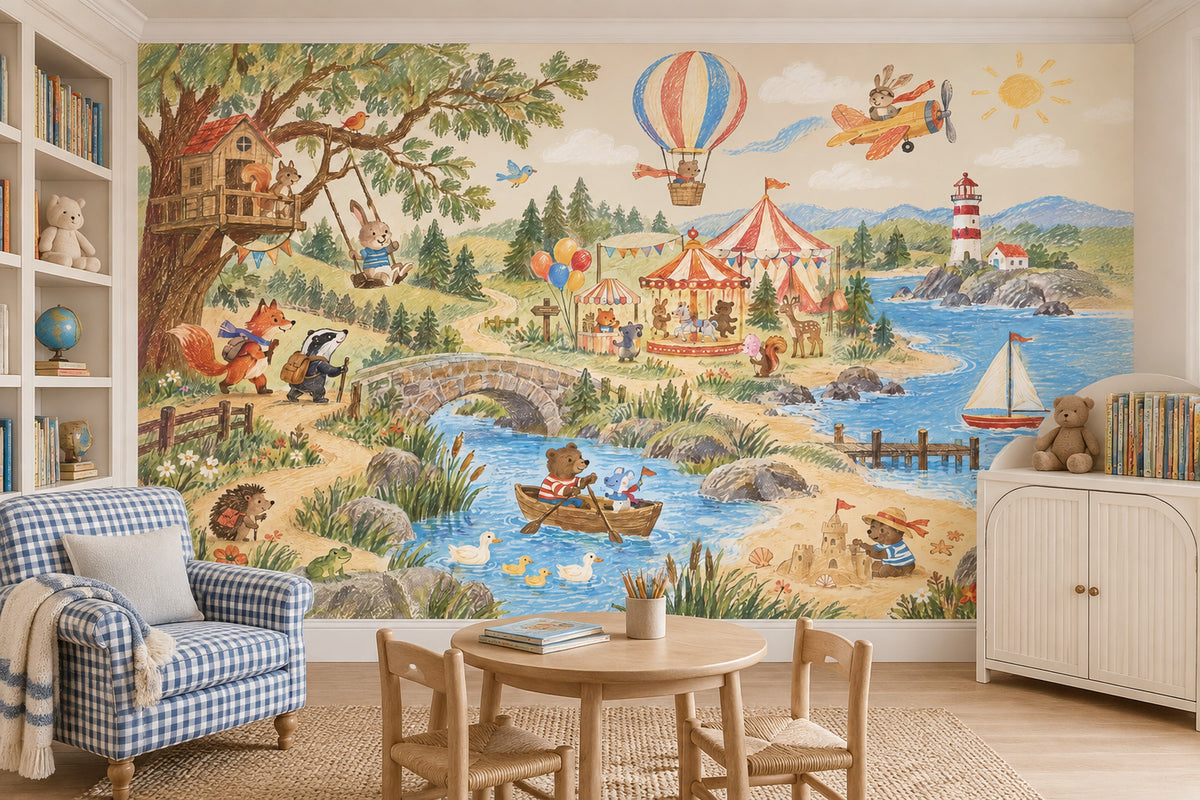 Woodland Animal Adventure Wallpaper Mural Pastel Storybook Panorama