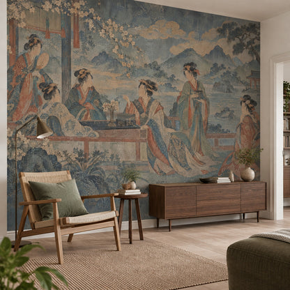 Kimono Figures Wallpaper Mural Vintage Inspired Japanese Landscape