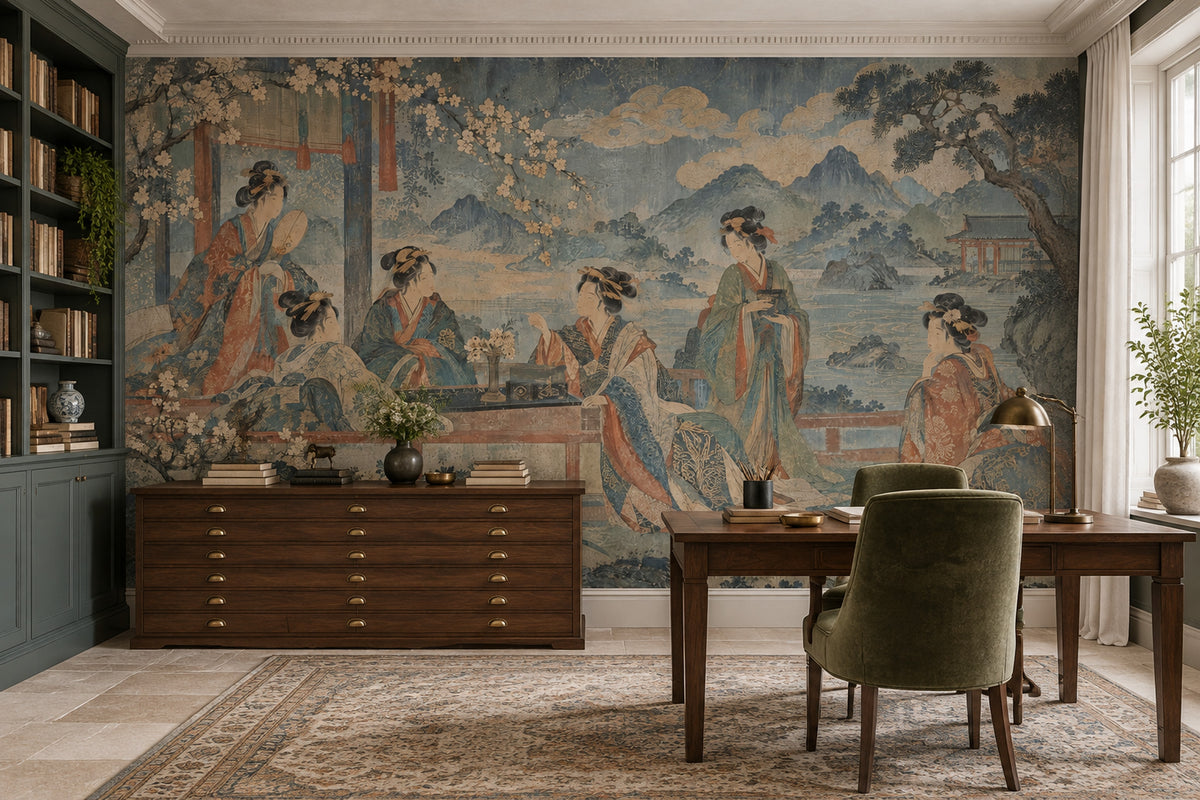 Kimono Figures Wallpaper Mural Vintage Inspired Japanese Landscape