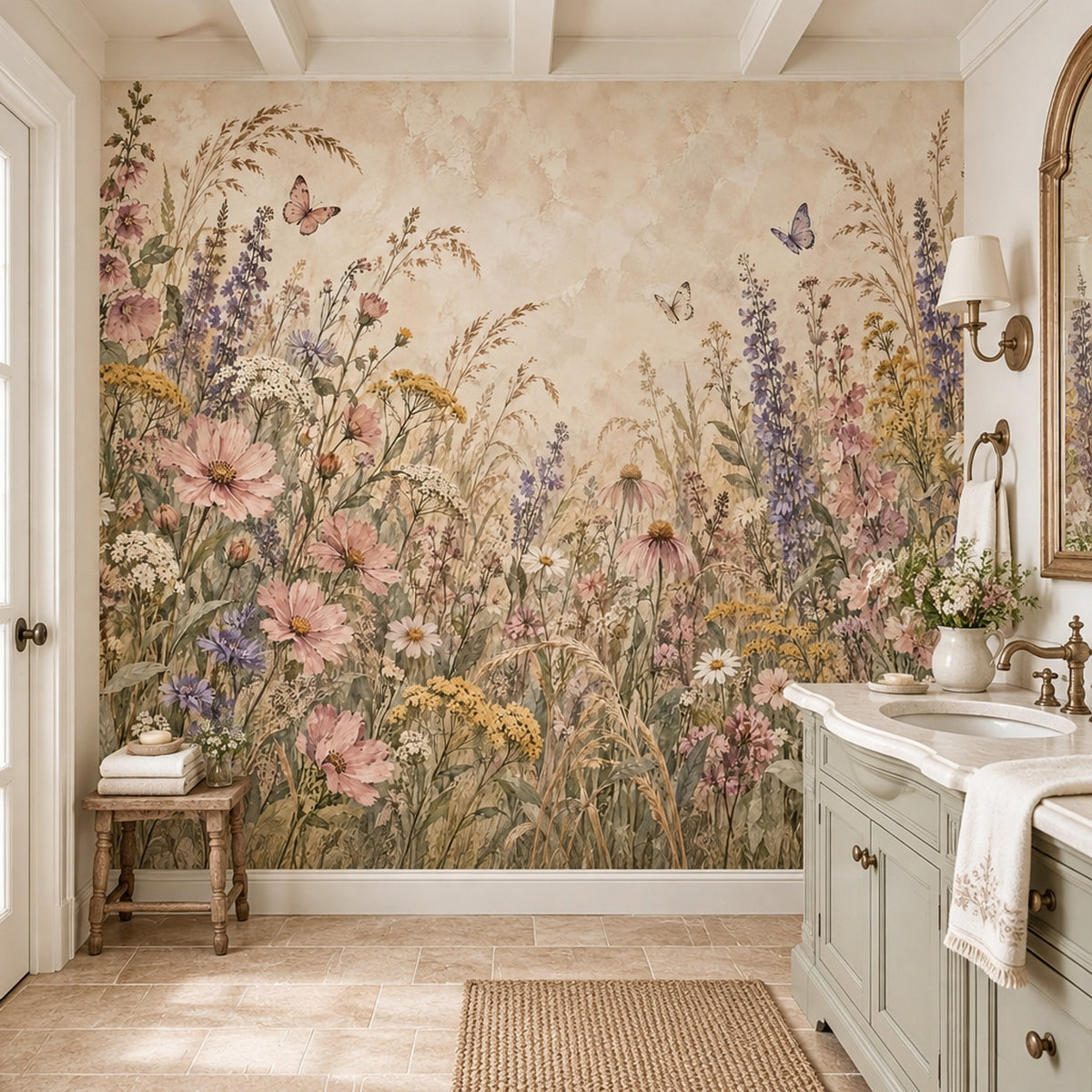 Wildflower Meadow Wallpaper Mural Watercolor Floral On Beige