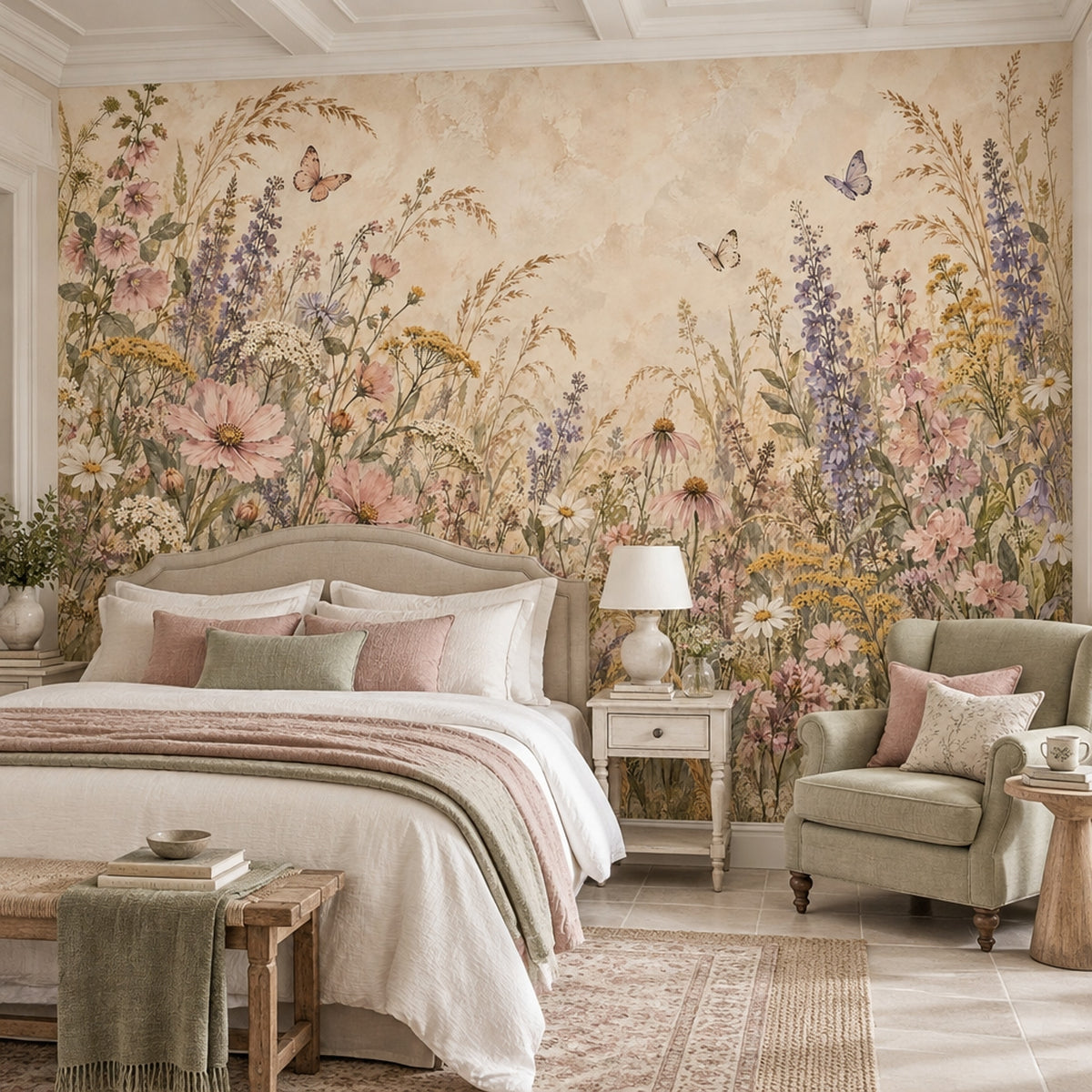 Wildflower Meadow Wallpaper Mural Watercolor Floral On Beige