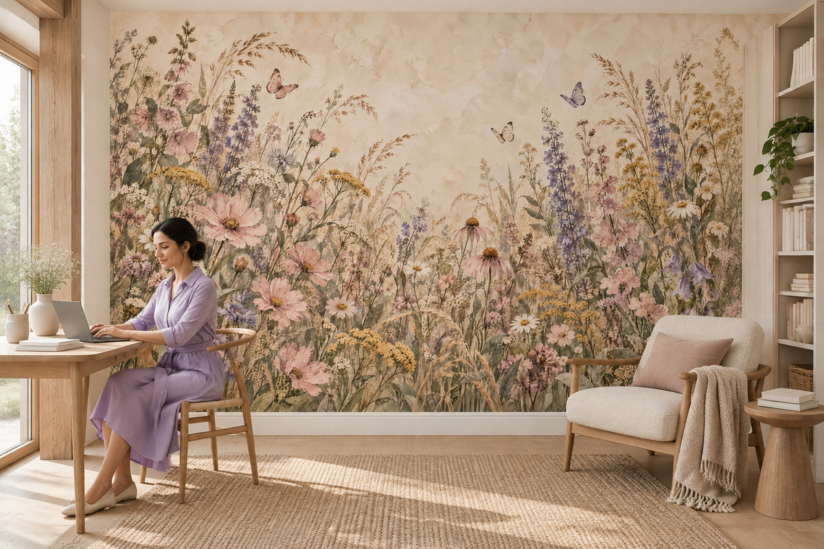 Wildflower Meadow Wallpaper Mural Watercolor Floral On Beige