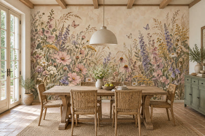 Wildflower Meadow Wallpaper Mural Watercolor Floral On Beige