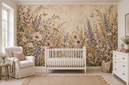 Wildflower Meadow Wallpaper Mural Watercolor Floral On Beige