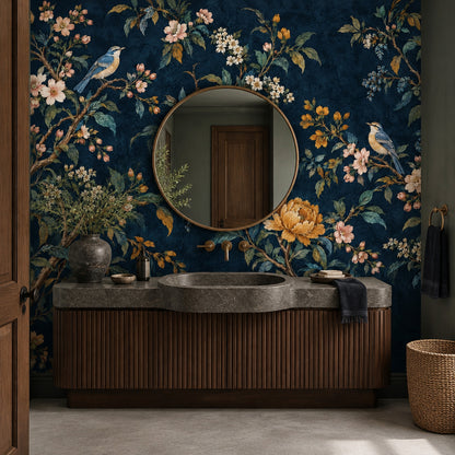 Birds And Blossom Branches Wallpaper Mural Navy Chinoiserie Dark Floral