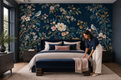 Birds And Blossom Branches Wallpaper Mural Navy Chinoiserie Dark Floral
