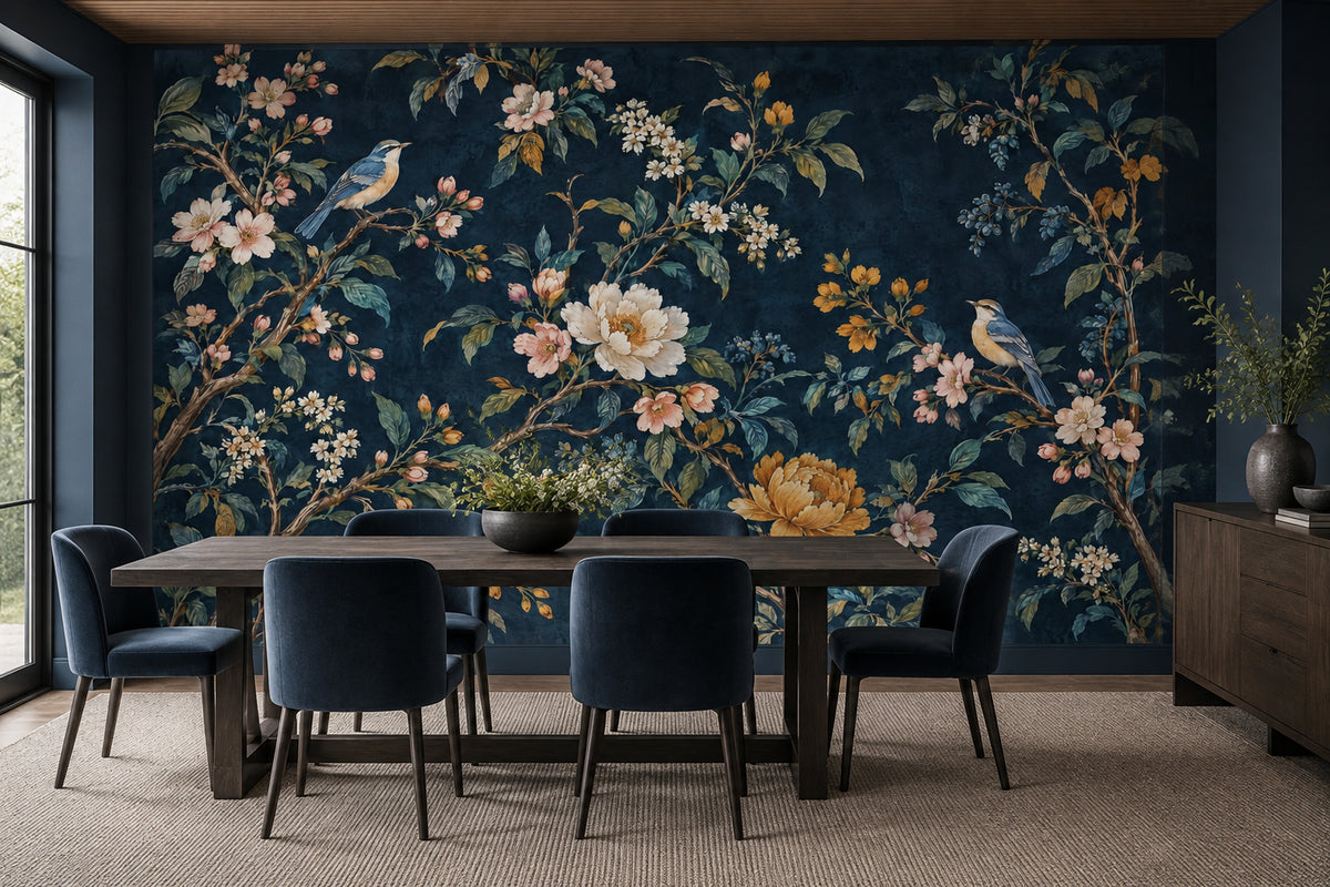 Birds And Blossom Branches Wallpaper Mural Navy Chinoiserie Dark Floral