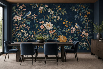 Birds And Blossom Branches Wallpaper Mural Navy Chinoiserie Dark Floral