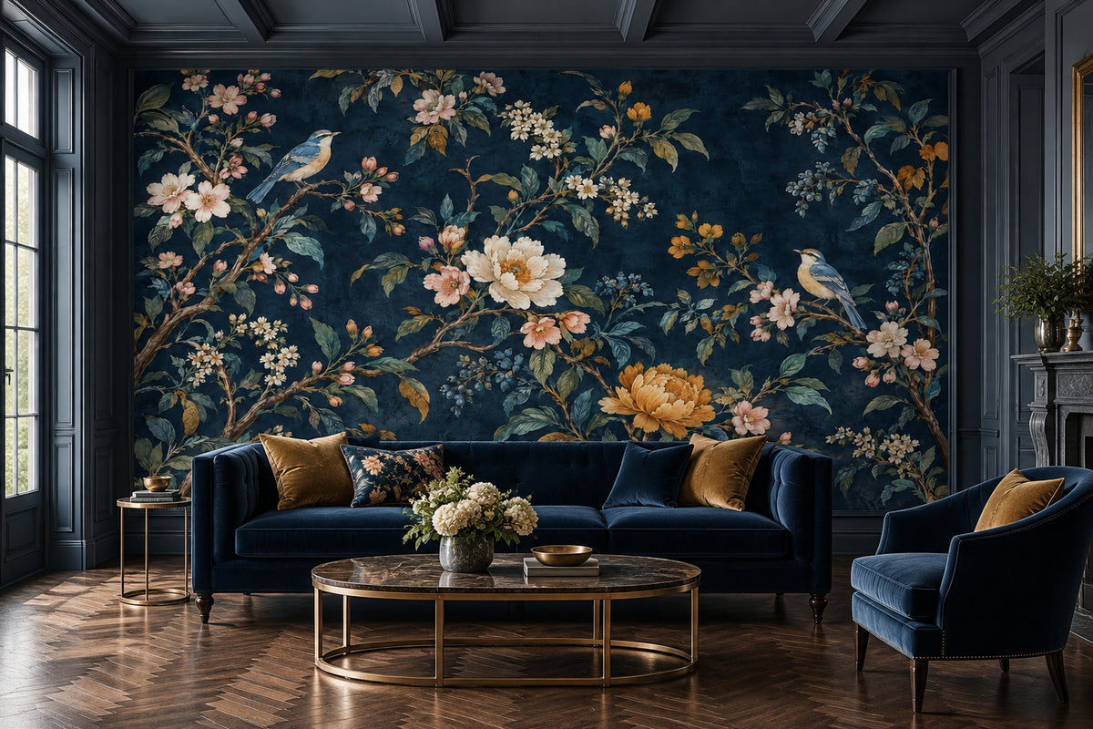 Birds And Blossom Branches Wallpaper Mural Navy Chinoiserie Dark Floral