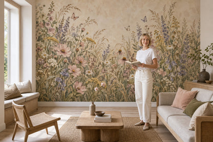 Wildflower Meadow Wallpaper Mural Watercolor Floral On Beige