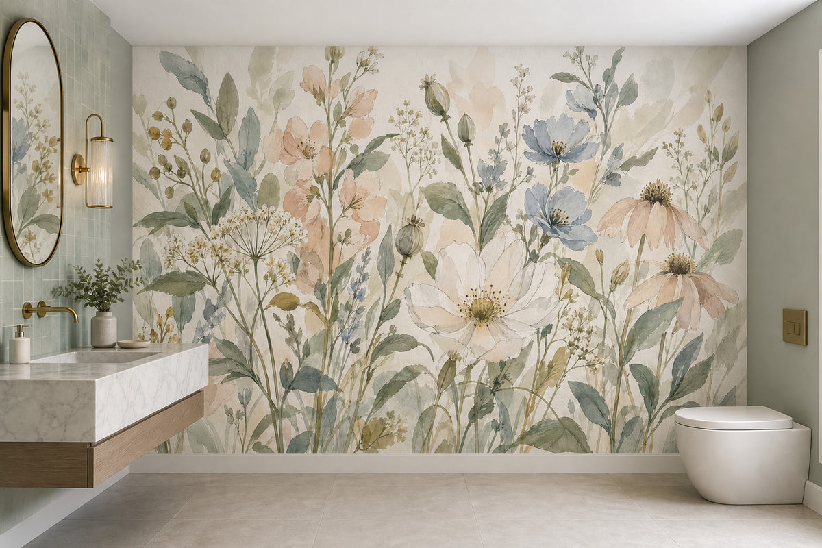 Pastel Wildflowers Wallpaper Mural Watercolor Botanical On Cream