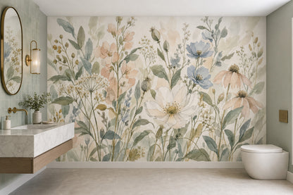 Pastel Wildflowers Wallpaper Mural Watercolor Botanical On Cream