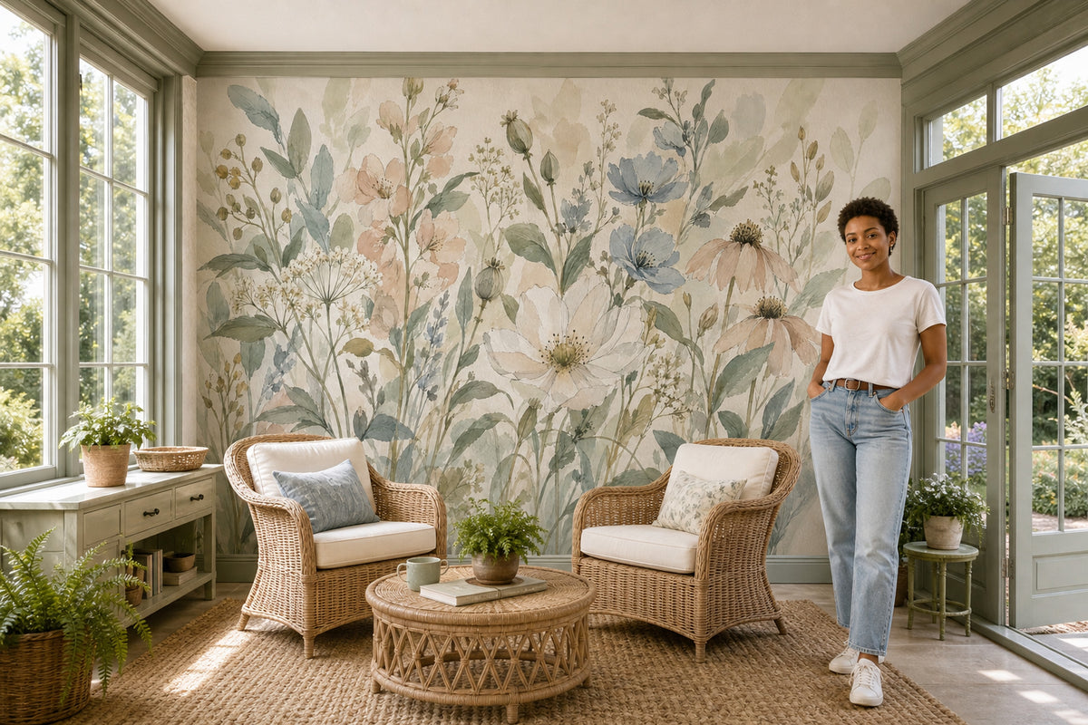 Pastel Wildflowers Wallpaper Mural Watercolor Botanical On Cream