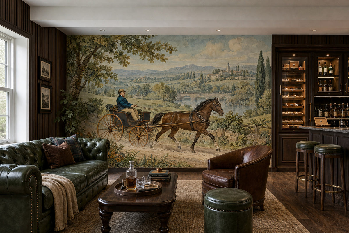 Horse Drawn Carriage Landscape Wallpaper Mural Muted Green Vintage Inspired