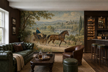 Horse Drawn Carriage Landscape Wallpaper Mural Muted Green Vintage Inspired