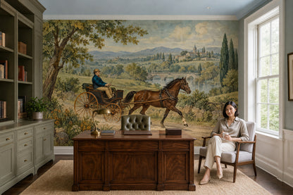 Horse Drawn Carriage Landscape Wallpaper Mural Muted Green Vintage Inspired