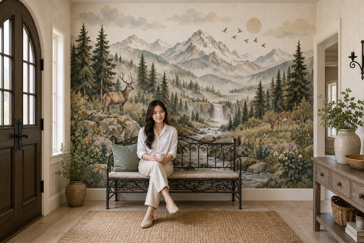 Deer And Waterfall Mountain Wallpaper Alpine Woodland Wall Mural