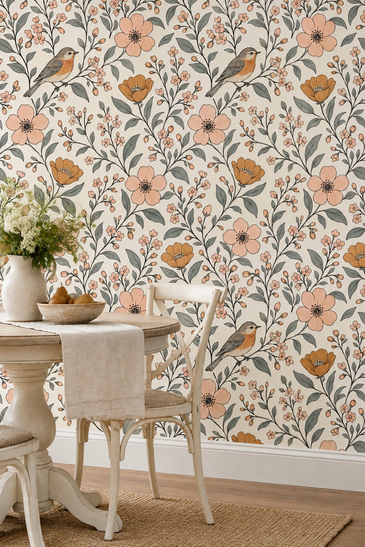 Bird And Blossom Branches Wallpaper Ivory Background