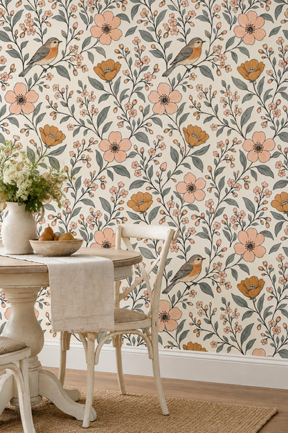 Bird And Blossom Branches Wallpaper Ivory Background
