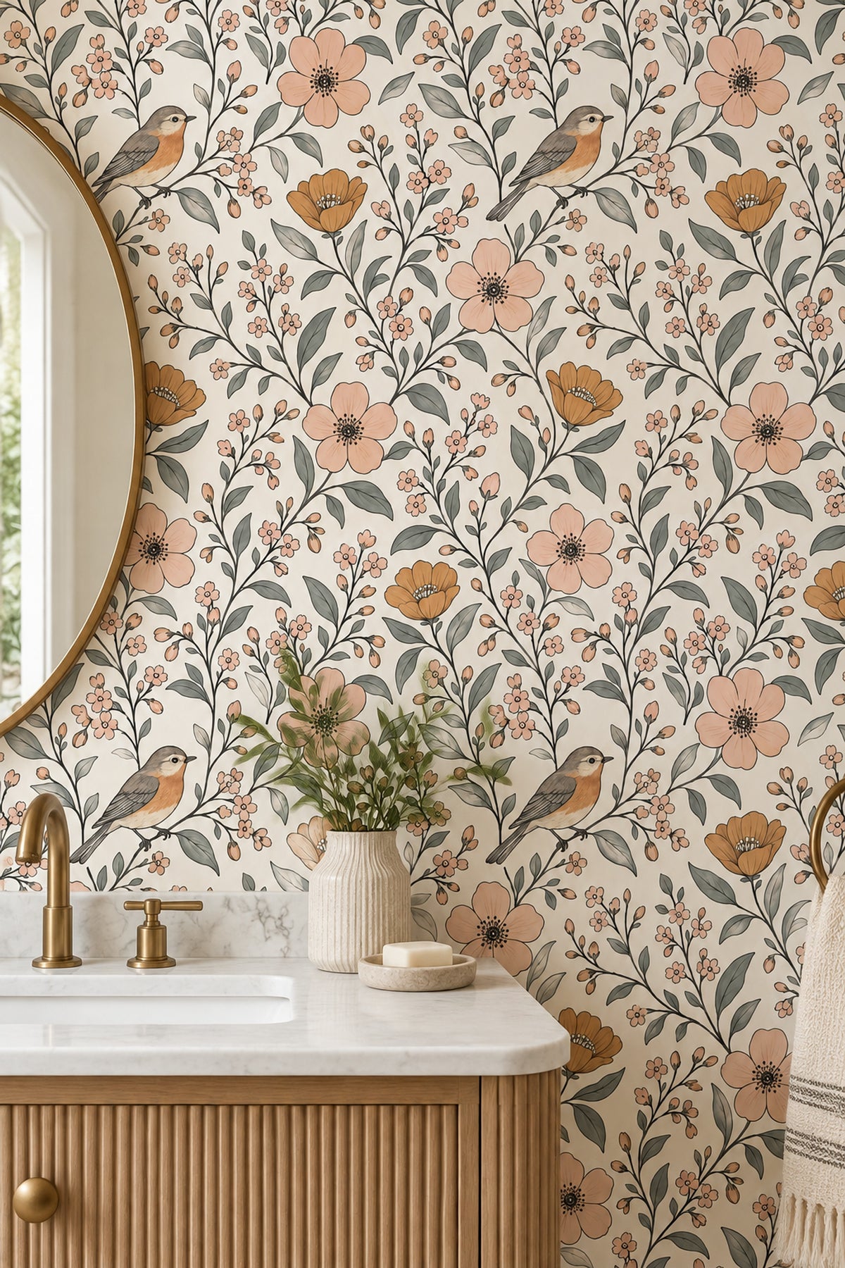 Bird And Blossom Branches Wallpaper Ivory Background