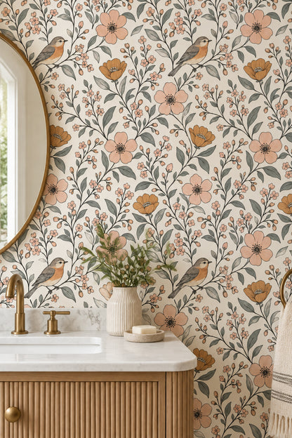 Bird And Blossom Branches Wallpaper Ivory Background