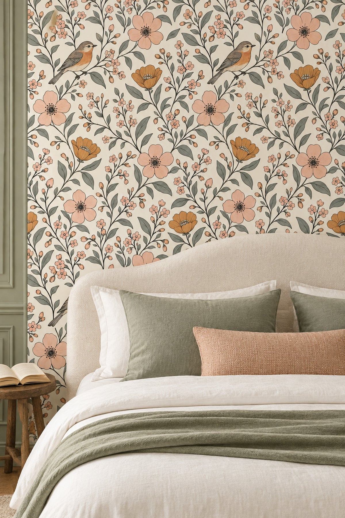 Bird And Blossom Branches Wallpaper Ivory Background