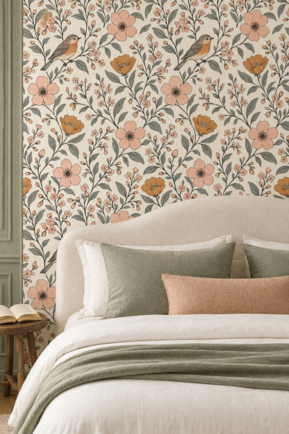 Bird And Blossom Branches Wallpaper Ivory Background