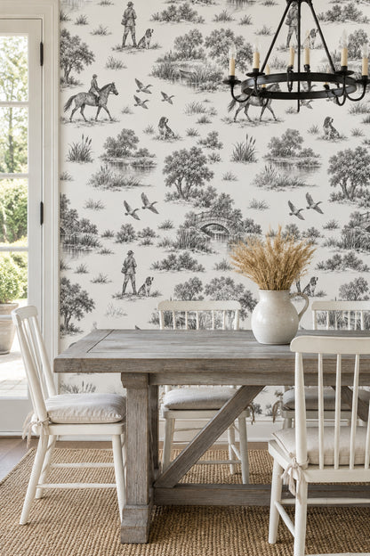 Rider And Hunting Dogs Toile Wallpaper Gray On White Background
