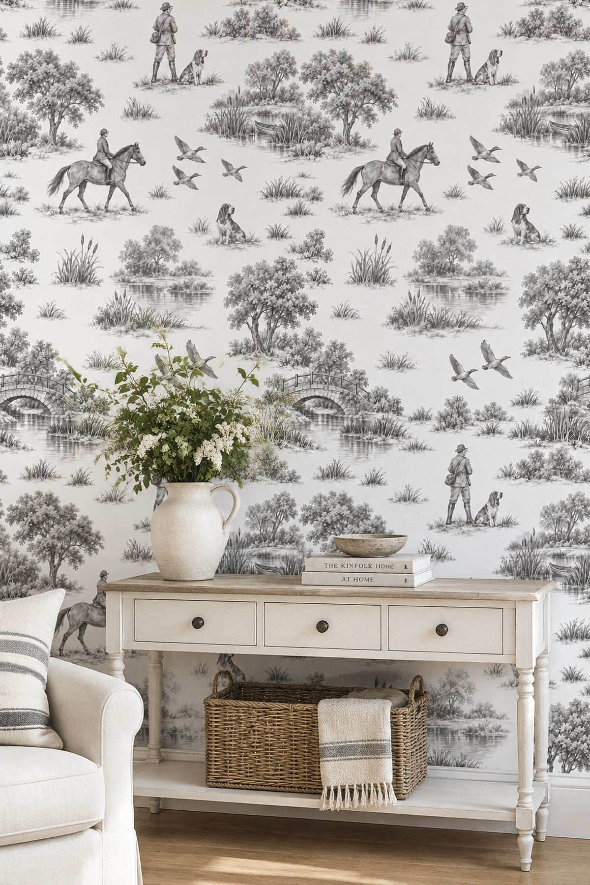 Rider And Hunting Dogs Toile Wallpaper Gray On White Background