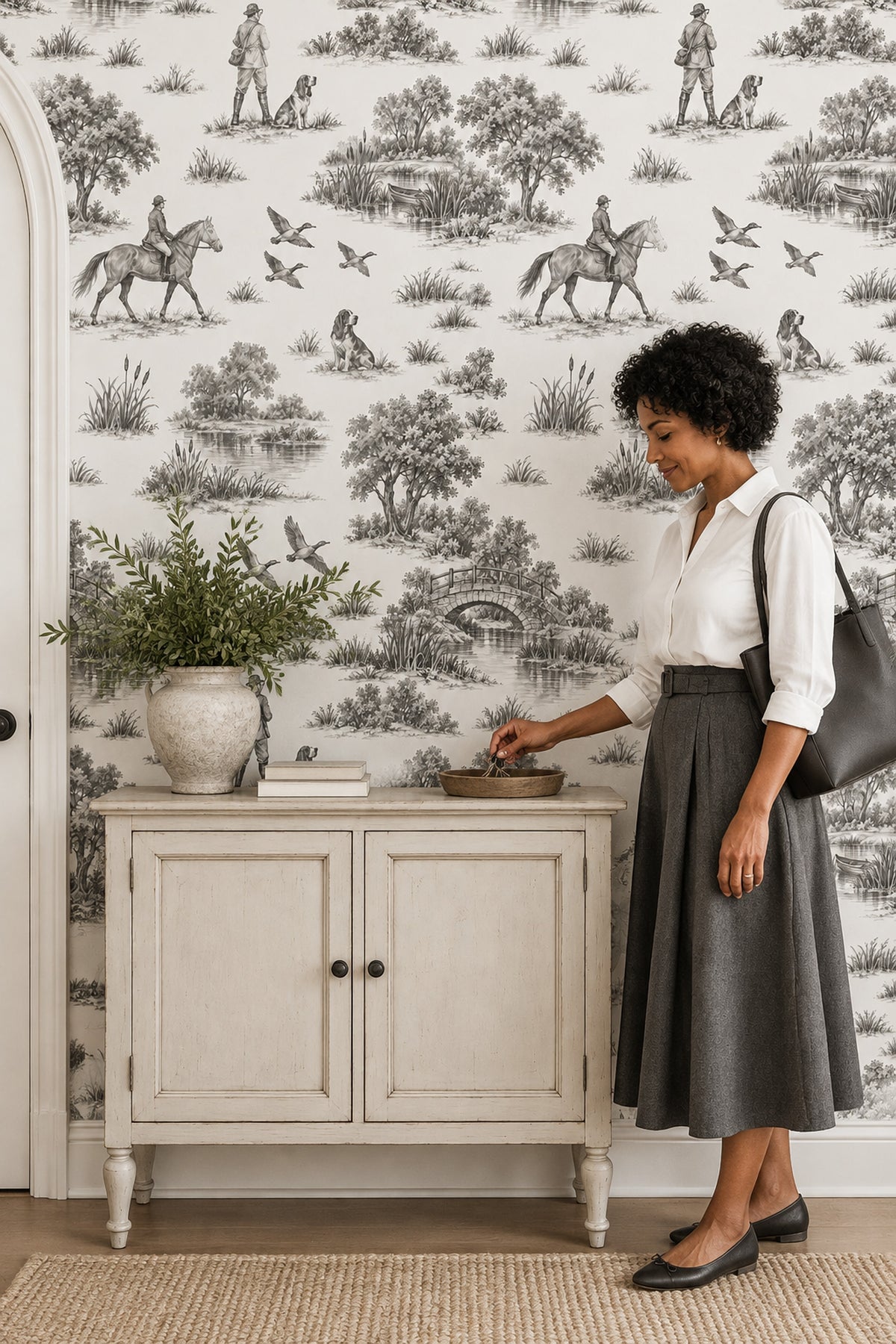 Rider And Hunting Dogs Toile Wallpaper Gray On White Background