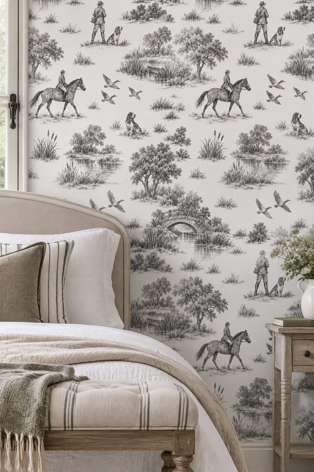 Rider And Hunting Dogs Toile Wallpaper Gray On White Background