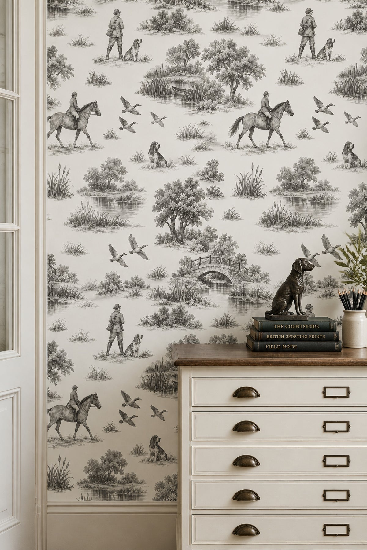 Rider And Hunting Dogs Toile Wallpaper Gray On White Background