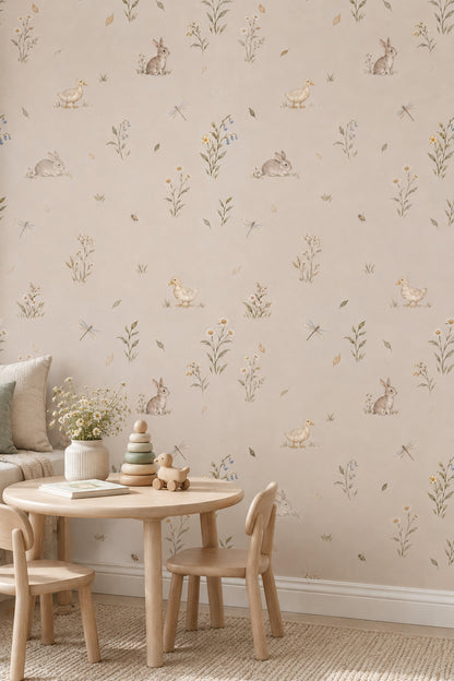 Watercolor Rabbits Wallpaper Soft Beige Woodland Animals Pattern